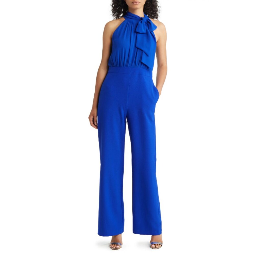 VINCE CAMUTO Women's Chiffon Bow Halter Jumpsuit, Blue NWT